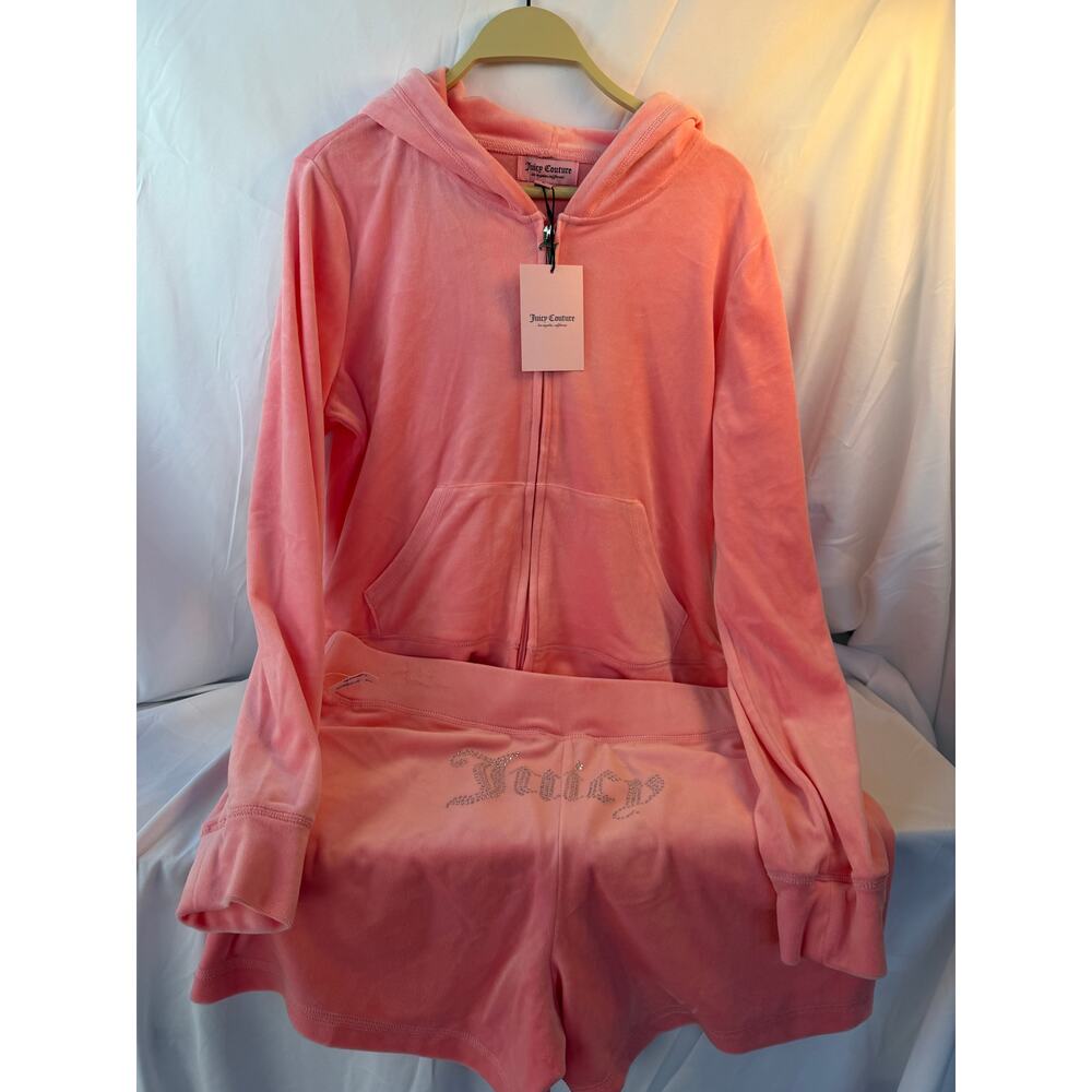 Juicy Couture Light Pink Velour Hoodie & Shorts Set Rhinestone NWT Y2K Women's L